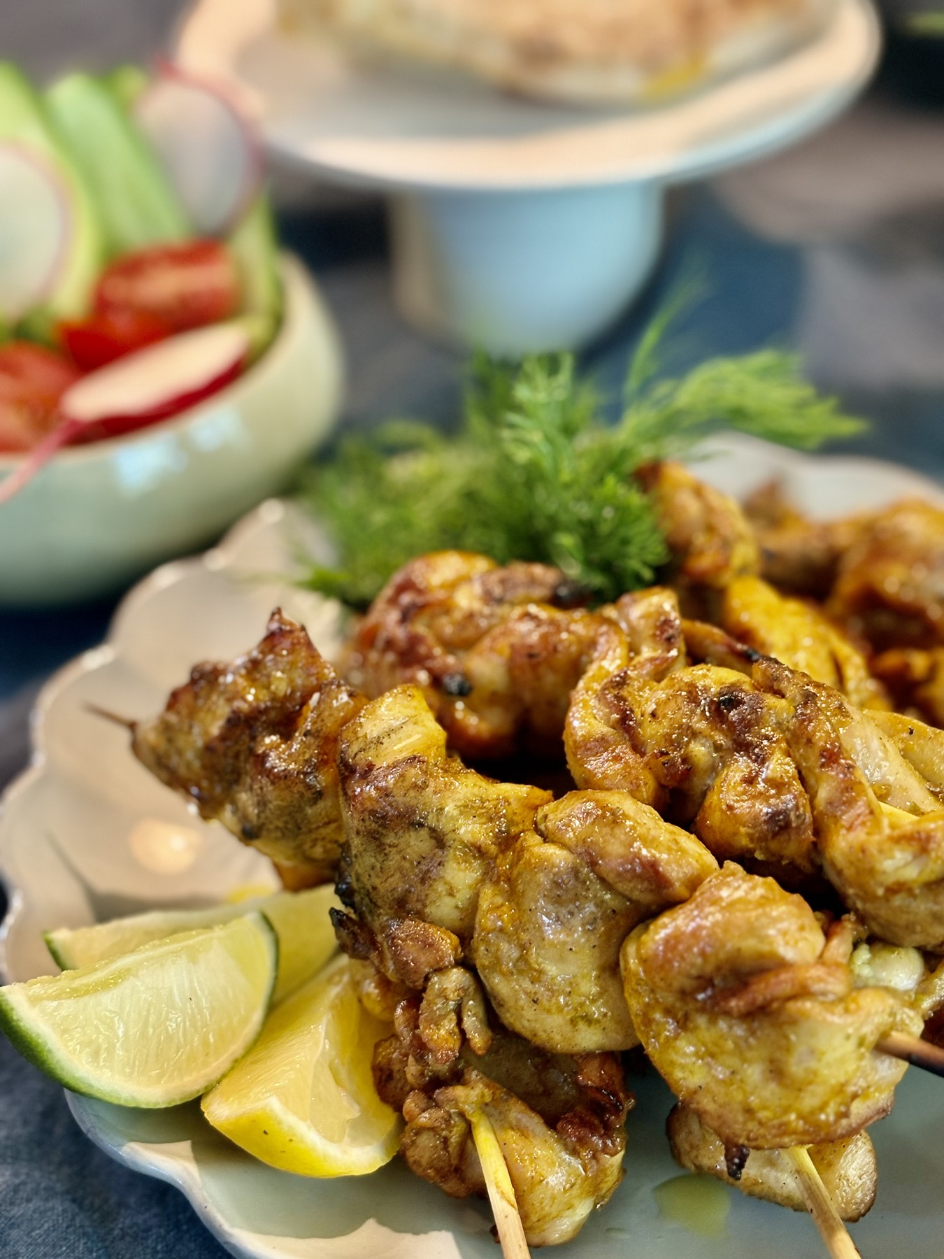 Grilled chicken Pargiot skewers with citrus and salad