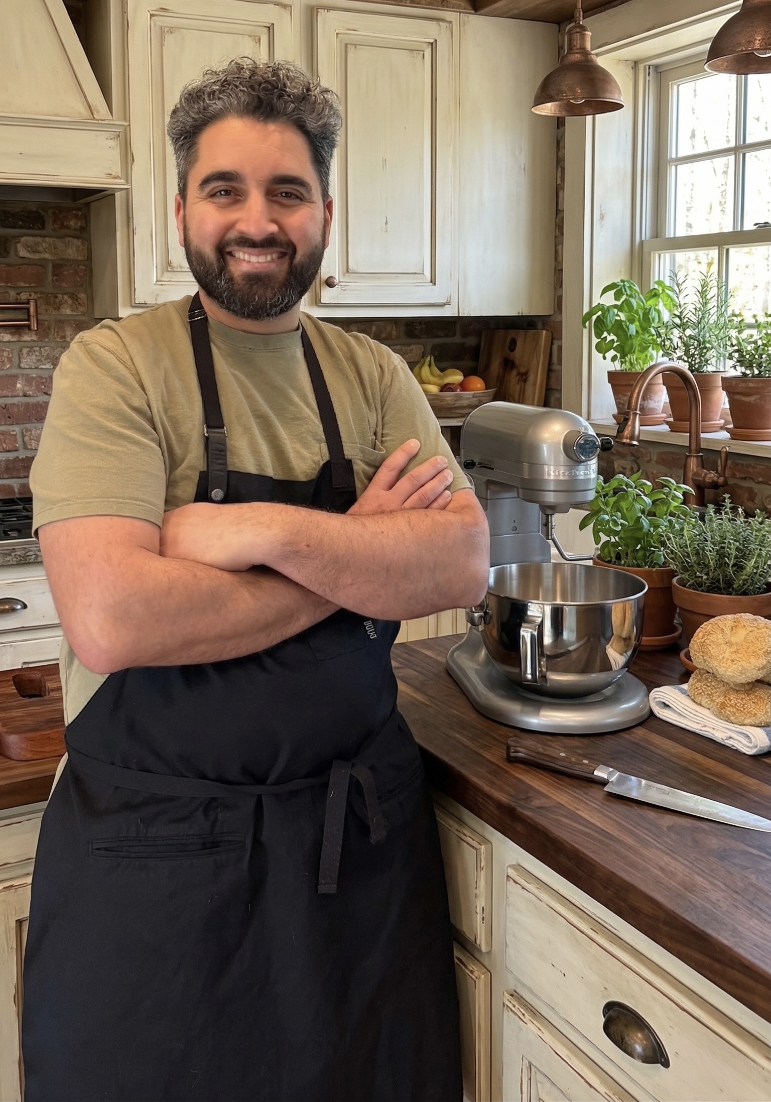 Meny standing in a kitchen
